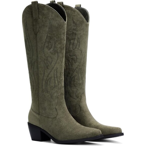 Women's Green Knee High Wide Calf Cowgirl Boots Slip On Pointed Toe Chunky Heel - Picture 4 of 6